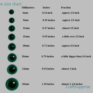 May include: A chart showing different sizes of plastic eyes for crafts, with measurements in millimeters and inches. The chart includes a visual representation of each size eye, along with the corresponding measurements.