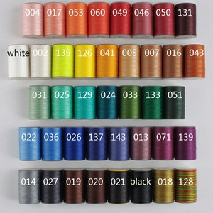 May include: A chart of 32 spools of thread in various colors, including white, black, red, orange, yellow, green, blue, purple, brown, and gray. The spools are labeled with numbers.