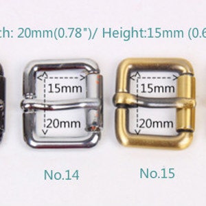 May include: Four metal belt buckles in different finishes: black, silver, gold, and brass. Each buckle measures 0.78 inches wide and 0.6 inches high. The buckles are labeled with numbers 13, 14, 15, and 16.
