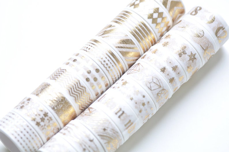 Foil Gold Washi Tape Full Set, Card Scrapbooking Tape, Gift Wrapping Tape Skinny 15mm x 3M Set of 20 Rolls image 1