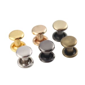 Könnte beinhalten: Sortiment aus sechs Metallnieten in verschiedenen Ausführungen, darunter Gold, Silber, Bronze und Schwarz. Die Nieten haben einen runden Kopf und einen Stift.