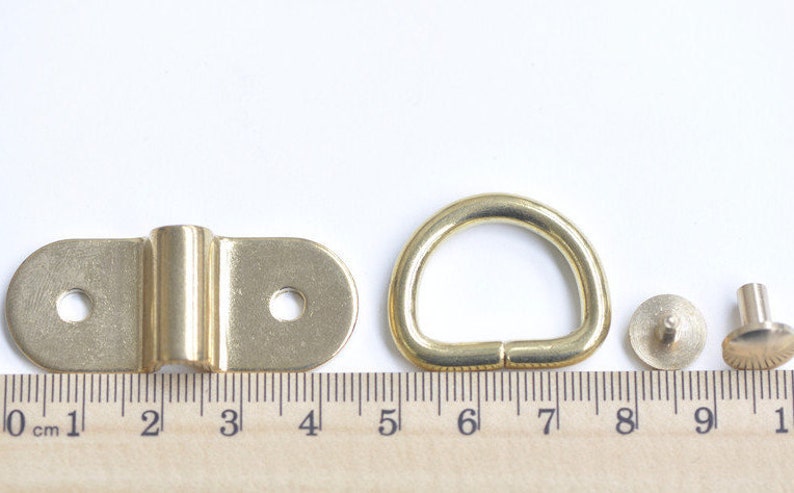 May include: Four gold-toned metal hardware pieces for a bag or other project. The pieces include a D-ring, a flat plate with two holes, and two rivets.