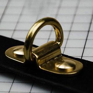 May include: A brass D-ring attached to a black leather strap. The D-ring has two brass rivets on the back.