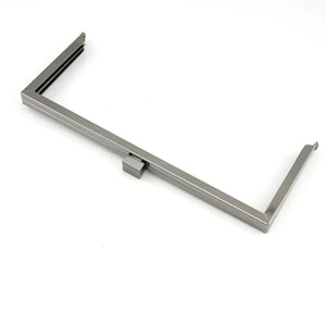May include: Silver-toned metal frame for a clutch bag. The frame has a rectangular shape with a hinged closure.