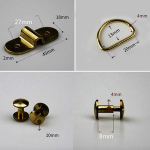 May include: Four gold-toned metal hardware pieces: a 27 mm by 45 mm D-ring, a 13 mm by 20 mm D-ring, a 10 mm stud with a 4 mm screw, and a 8 mm stud with a 4 mm screw.