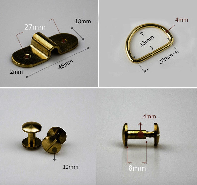 May include: Four gold-toned metal hardware pieces: a 27 mm by 45 mm D-ring, a 13 mm by 20 mm D-ring, a 10 mm stud with a 4 mm screw, and a 8 mm stud with a 4 mm screw.