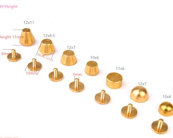 May include: A collection of brass rivets and studs in various shapes and sizes. Measurements are provided in millimeters, including heights of 6mm and 11mm, and widths of 12mm. The image shows a variety of shapes, including conical, cylindrical, and dome-shaped.