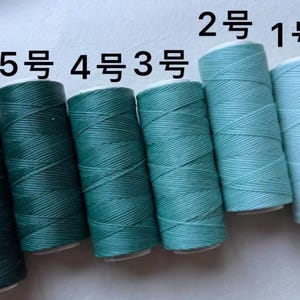 Peut inclure: Bobines de fil de différentes nuances de vert et de bleu. Les bobines sont numérotées de 1 à 6. Le fil est enroulé serré autour des bobines, créant un aspect texturé. Les couleurs varient du vert foncé au bleu clair.
