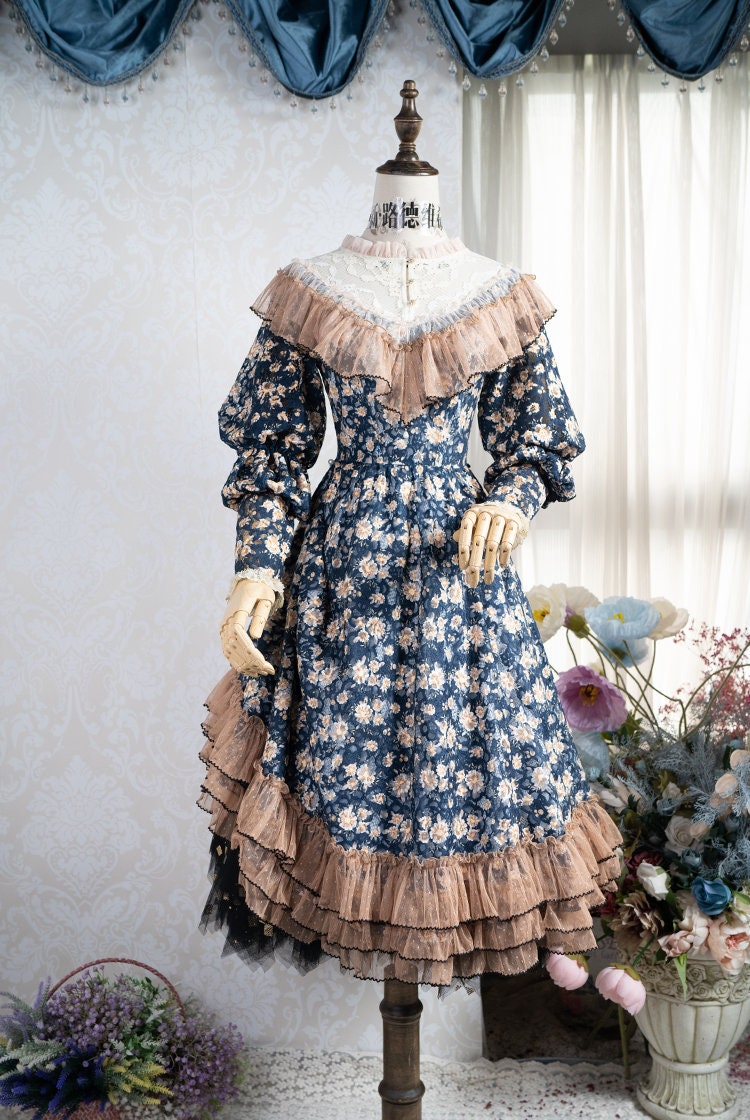 Classic Lolita Fashion Elegant Refined Fairy Short Sleeves Chic Floral  Embroidery Tiered Bottom Midi Dress