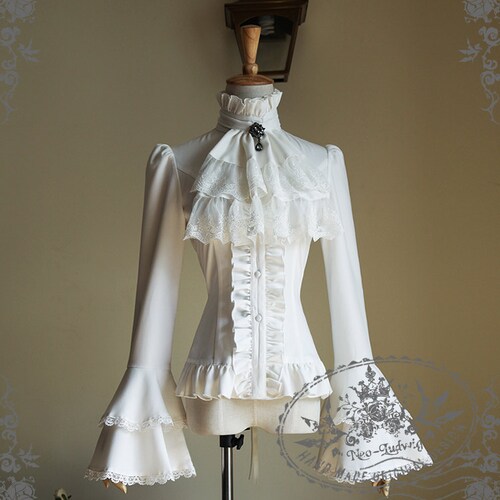 Gothic Ruffle Neck Long Sleeve Shirt Blouse Jabot Zircon Set Retro Pirate Fashion White Black