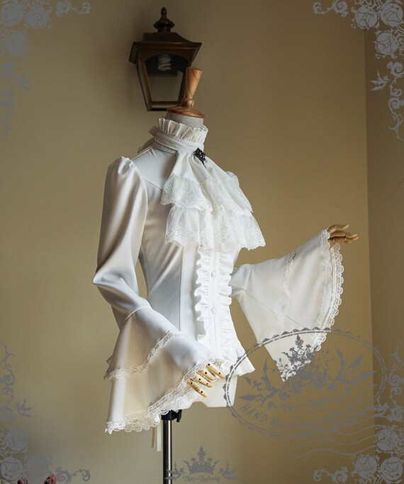 Gothic Ruffle Neck Long Sleeve Shirt Blouse Jabot Zircon Gothic Ruffle Neck Long Sleeve Shirt Blouse Jabot Zircon