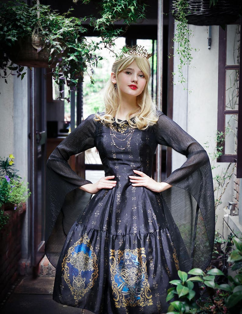 Gothic Fashion Printed Midi Dress Medieval Retro Fairy image 1