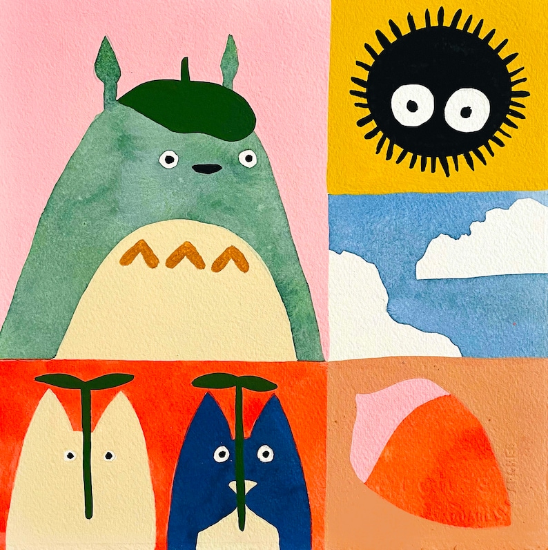May include: A digital illustration of a cartoon character with a blue body, a green hat, and a white face. The character is standing on a red background with two other cartoon characters on either side. The characters on either side are white and blue. The background is a collage of different colored squares.