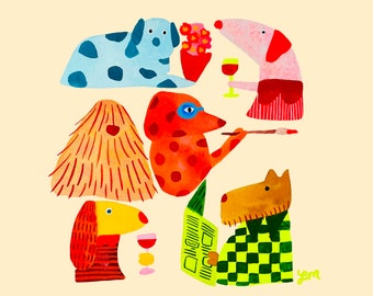 Cool Dogs Giclee Art Print, Whimsical Dog Wall Decor (8x8)