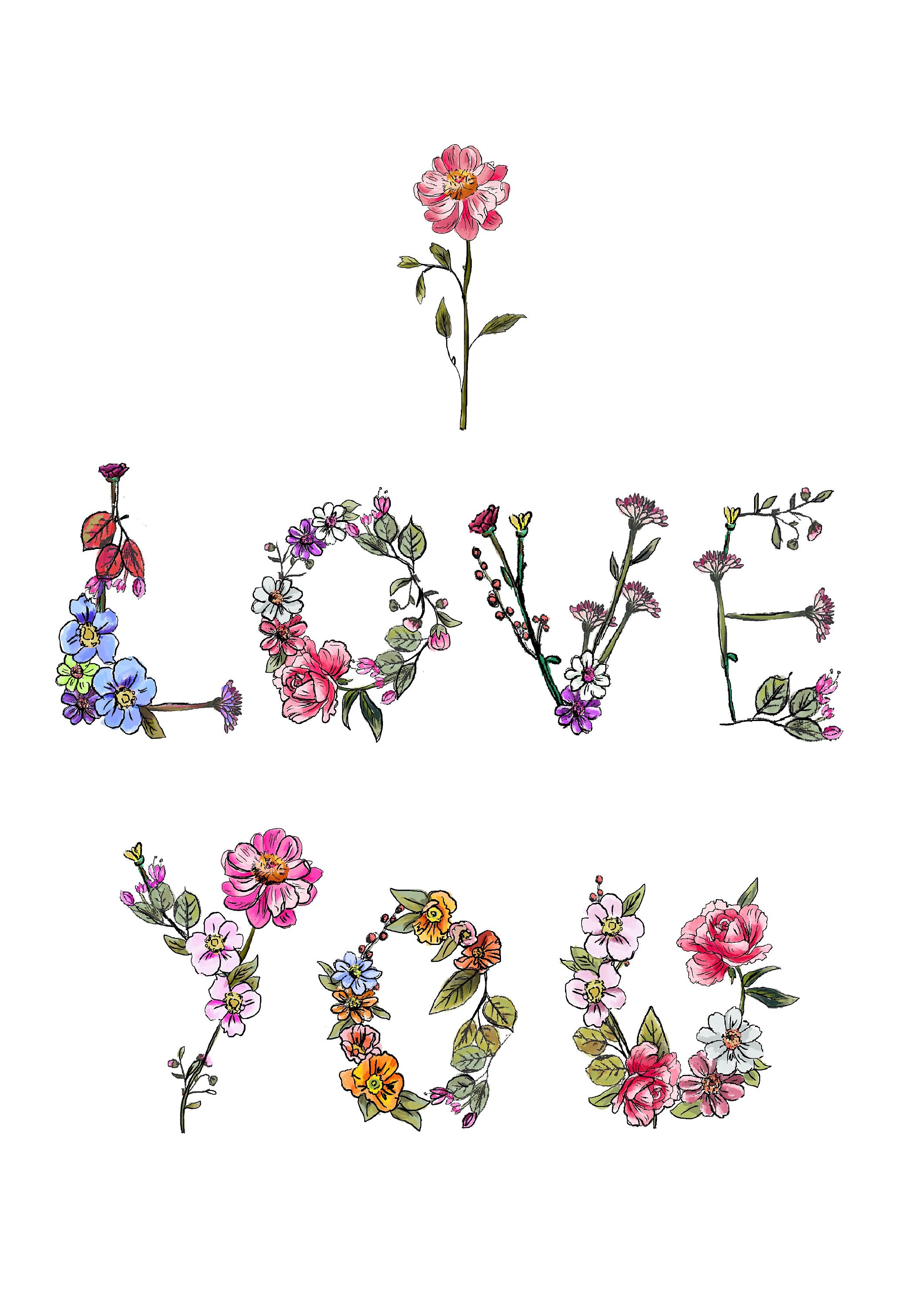I Love you flower illustration Modern art Wall art | Etsy