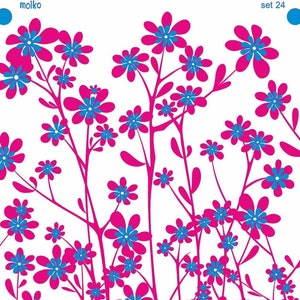 May include: A white background with a pink floral pattern. The flowers have blue centers and are arranged in a random pattern. The text "set 24" and "screen 2 of 2" are at the top and bottom of the image, respectively.