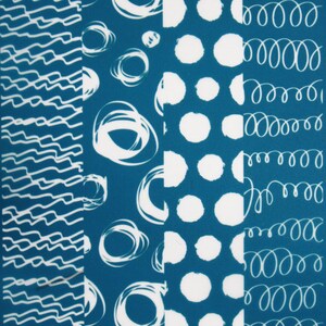 May include: Abstract art print on a blue background. The artwork features white patterns including wavy lines, circles, dots, and spirals. The word "moiko" is in the upper left and lower right corners.