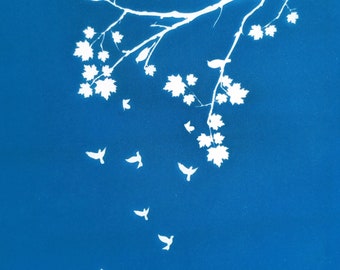 May include: A cyan blue background with a white silhouette of a tree branch with leaves and birds flying away from the branch. The text "moiko 11.44" appears in the upper left corner and "moiko" appears in the lower right corner.