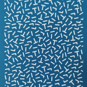 May include: A blue background with a white pattern of various shapes, including horizontal lines, vertical lines, and right angles.