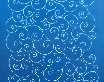 May include: A blue background with a white pattern of swirling lines. The pattern is made up of many small, overlapping spirals.