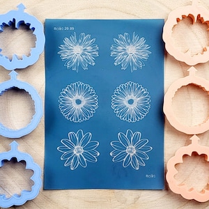May include: A set of six silicone moulds for baking, featuring a daisy design. The moulds are blue and pink and are arranged in two rows of three. The moulds are on a blue background with a white daisy design. The text "moikc 20.09" is printed on the background.