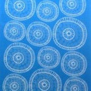 May include: A blue background with white circles with concentric circles inside. The circles are of varying sizes and are arranged in a random pattern.