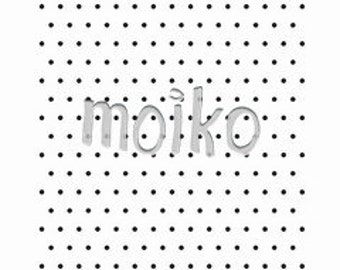 Puede incluir: Ilustración en blanco y negro de la palabra "moijko" sobre un fondo blanco con puntos negros.