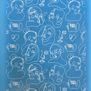 May include: A blue background with a white pattern of abstract faces. The faces are drawn in a single line and are repeated throughout the pattern.