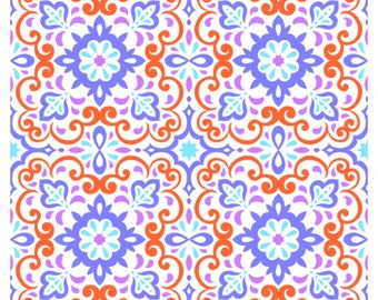 May include: A seamless pattern featuring a repeating design of blue, orange and purple floral motifs on a white background. The pattern is intricate and detailed, with a variety of shapes and curves. The text "screen 3 of 4" and "moiko" appear at the bottom of the image.
