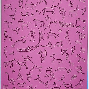 May include: A pink silicone stamp with a design of various animals and symbols. The stamp is approximately 10 cm by 15 cm.
