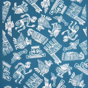 May include: A teal blue background with a repeating pattern of white stylised figures. The figures are of birds, animals, and geometric shapes. The pattern is reminiscent of ancient Mayan or Aztec art.