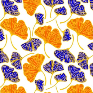 Peut inclure: Un motif sans couture de feuilles de ginkgo bleues et orange sur un fond blanc. Les feuilles sont soulignées d'or et présentent un design détaillé et complexe.