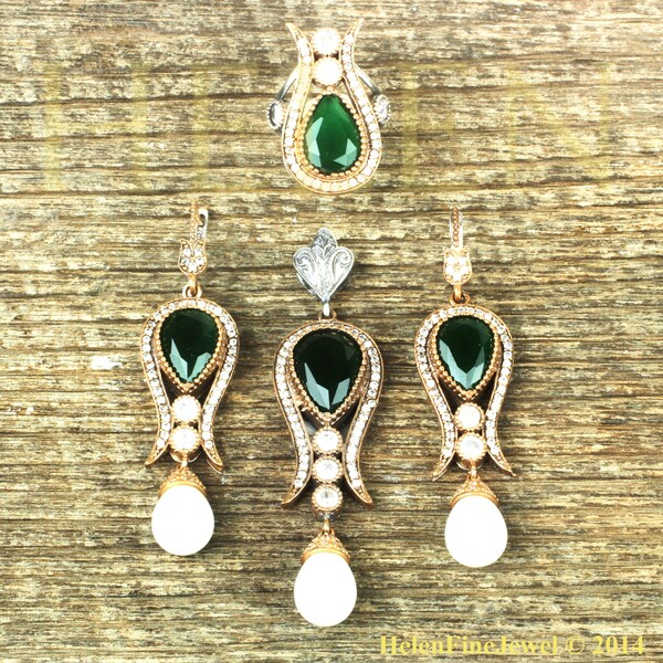 Turkish Handmade Jewelry Ottoman Style Hurrem Design Drop Cut Emerald Pearl & Zircon Ring Earrings Pendant  925k Sterling Silver Adjustable