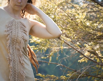 feather dance tunic top - tribal, festival, shamanic, native, gipsy, boho, raw, earthy, goa, psy trance, woodland fairy, beige, cream