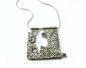 Vintage and Unique Sterling Silver and Blue Topaz Square Pendant & Chain
