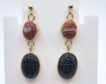 Vintage JJJ Egyptian Revival Belle Designs Gold-plated Sterling Silver Earrings with Red Jasper and Black Onyx