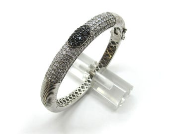 Vintage Sterling Silver and Black and Clear Cubic Zirconias - Oval with Hinged Clasp