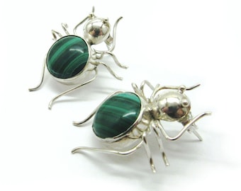 Vintage Sterling Silver and Malachite Spider Insect Earrings with Posts