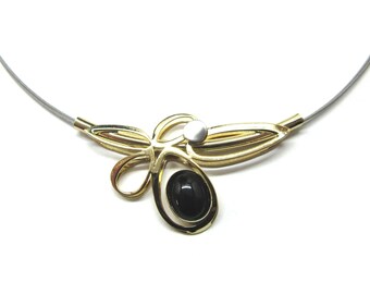 Christophe POLY Necklace - Handmade in Quebec - with Black Acrylic Cab and Gold plated Aluminum