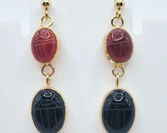 Vintage JJJ Egyptian Revival Belle Designs Gold-plated Sterling Silver Earrings with Carnelian and Black Onyx