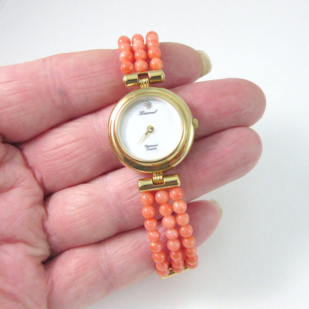 Vintage LUCORAL Diamond & Coral 3-strand WATCH With Mother  display picture 3