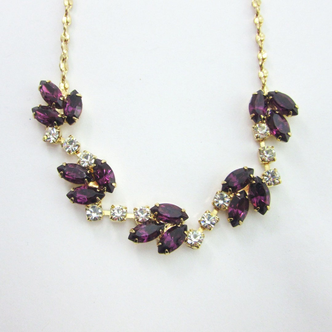Vintage Stamped JI LIND Purple and Clear Rhinestone Gold