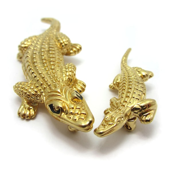 Signed D'Orlan Vintage Gold-pated Crocodile Alligator Reptile Pins - Parent and Baby