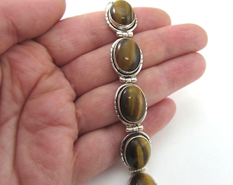 Vintage and handmade Sterling Silver and Tiger Eye Link Bracelet - with Adjustable Length
