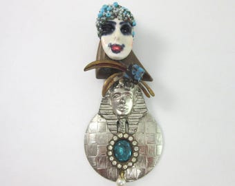 Large Unique Handmade Artistic Porcelain Face Brooch with Egyptian Pharaoh - Mixed Media