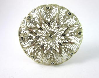 Vintage BIRKS Sterling Silver and Marcasite Filigree Round Brooch