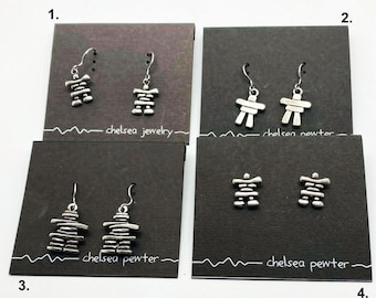 Handmade CHELSEA Inukshuk Pewter Earrings - Silvertone - Four styles to Choose from