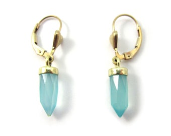 Genuine Gemstone Points - 14kt Gold filled Leverback Earrings in Onyx, Labradorite or Blue Chalcedony