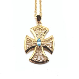 Vintage vergoldetes französisches Alisee Pattee Kreuz mit klarem Zirkonia oder blauem Topas und 18&quot; Kette