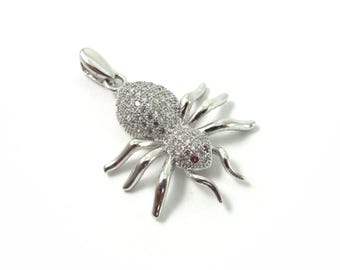 Sterling Silver Pave Cubic Zirconia SPIDER Pendant - with Ruby Eyes